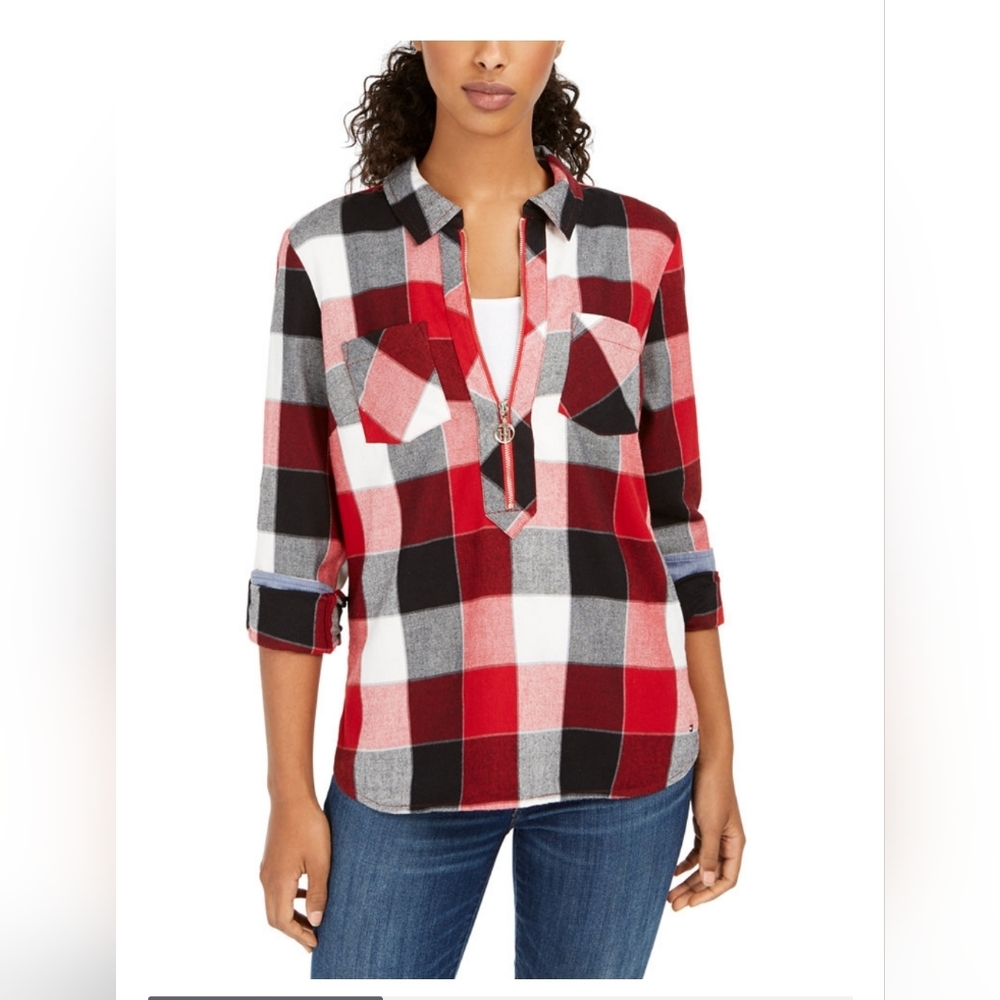 Plaid Button-Up Shirt - Red, Black, White